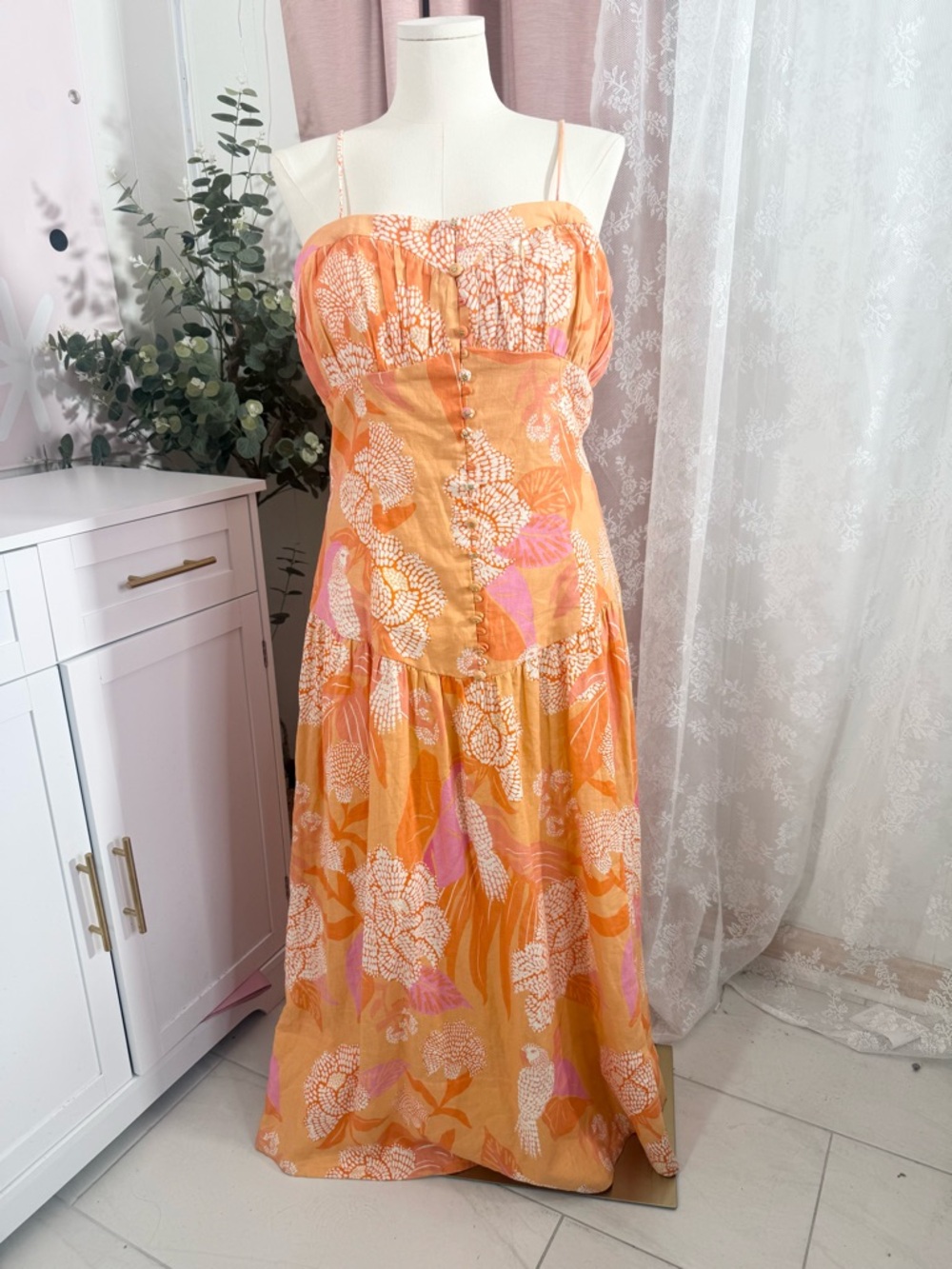 FARM Rio Orange Floral Spaghetti-Strap Maxi Dress BIN#20